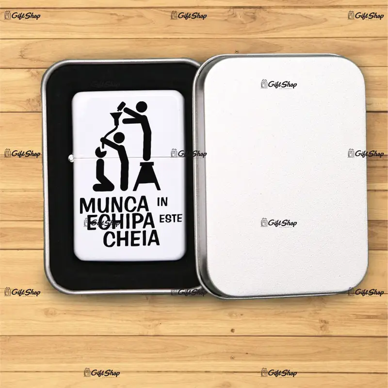 Munca in echipa, bricheta metalica gravata laser cu mesaj